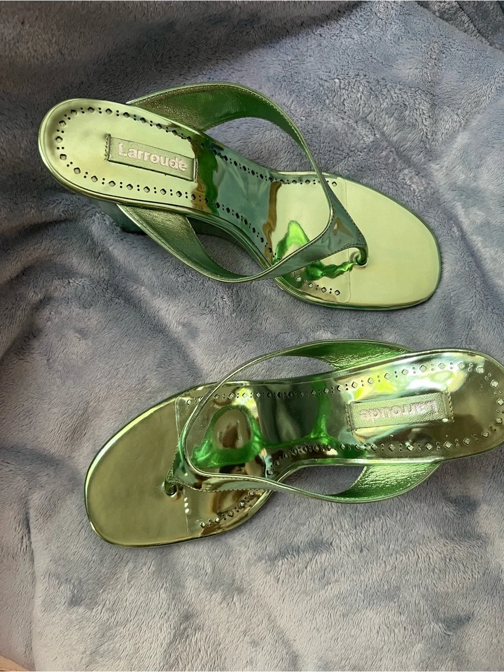 Larroude Gaia Wedge Sandal in Light Pear Specchio - Women's Metallic Green Wedge